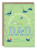 The Golf Father’s Day Card by Biely & Shoaf features colorful putters, golf balls, a golf hole, and “Happy Father’s Day! DAD You’re a hole in one!” on a light green background. Illustrated by Emily Taylor; blank inside.