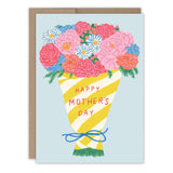 The Paper Wrapped Bouquet Mother's Day Card by Biely & Shoaf features a colorful floral bouquet in yellow and white striped paper with a blue bow and “Happy Mother’s Day” on the front. Illustrated by Emily Taylor.