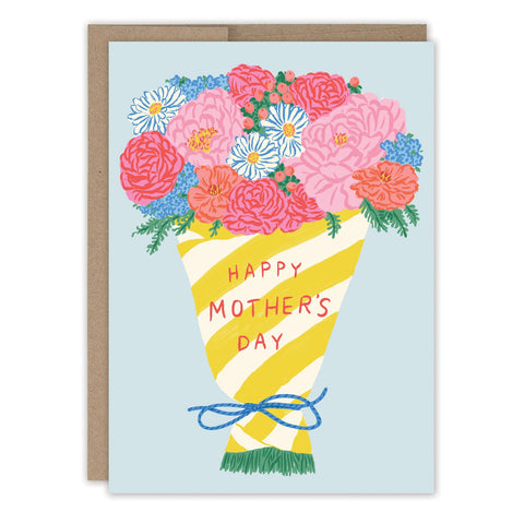 The Paper Wrapped Bouquet Mother's Day Card by Biely & Shoaf features a colorful floral bouquet in yellow and white striped paper with a blue bow and “Happy Mother’s Day” on the front. Illustrated by Emily Taylor.