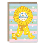 The Ribbon Best Mom Award Mother's Day Card by Biely & Shoaf features a gold foil design with a large gold ribbon, "Best Mom Award" in blue, pastel stripes and stars, plus an envelope. Illustrated by Emily Taylor.