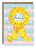 Celebrate Mom with the Ribbon Best Mom Award Mother's Day Card by Biely & Shoaf, featuring pastel stripes, gold stars, and a yellow ribbon. Printed on FSC-certified recycled paper—perfect for showing appreciation to mothers.