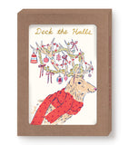 Biely & Shoaf Reindeer Deck The Halls Boxed Set: red-scarf reindeer with gold foil antlers on holiday cards.