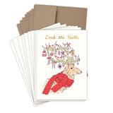 The Biely & Shoaf Reindeer Deck the Halls Boxed Holiday Cards feature a reindeer in a red scarf with decorated antlers and "Deck the Halls" in gold foil, stacked with matching envelopes.