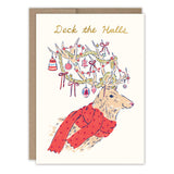 The Biely & Shoaf Reindeer Deck the Halls Boxed Holiday Cards feature a reindeer in a red scarf with festive antlers and “Deck the Halls” in gold, plus a brown envelope. FSC-certified.