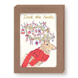 A festive reindeer with a red scarf and decorated antlers features on Biely & Shoaf's Reindeer Deck the Halls Boxed Holiday Cards, framed in brown with gold foil "Deck the Halls" text—perfect for holiday greetings.