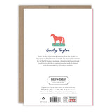 The back of each Laughing All The Way Boxed Holiday Card by Biely & Shoaf features a gold foil red horse illustration, artist bio, collection logo, and copyright info. Card and brown envelope are both made from recycled paper.