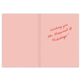 The Biely & Shoaf Laughing All The Way Boxed Holiday Cards feature an open pink design with "Wishing you the Happiest of Holidays!" in red on the right, a blank left side, and are made from recycled paper for eco-friendly holiday greetings.