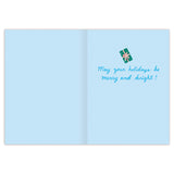The Biely & Shoaf Penguin & Polar Bear Boxed Holiday Cards (Set of 10) feature light blue FSC-certified paper and an open design. Inside, a green gift illustration accents the handwritten “May your holidays be merry and bright!”.