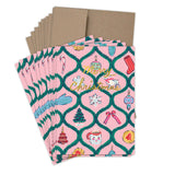 The Biely & Shoaf Pink Motif Merry Christmas Boxed Holiday Cards, set of 10, feature festive pink designs with gold foil text, brown envelopes, and are printed on recycled paper.