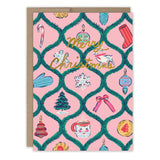 The Biely & Shoaf Pink Motif Merry Christmas Holiday Card features a pink background with green garland, festive icons, and Merry Christmas in gold foil—perfect for sending holiday cheer.