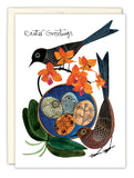 The Biely & Shoaf Birds Beauty Of Spring Easter Card features two stylized birds, orange flowers, green leaves, and a nest with three patterned eggs at the center. Printed on high-quality paper—perfect for sending Easter greetings.