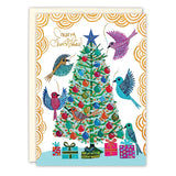The Birds & Christmas Tree Holiday Card by Biely & Shoaf features six colorful birds, presents, and a tree topped with a blue star on FSC-certified recycled paper. Gold scalloped borders and “Merry Christmas!” in gold foil add festive flair.
