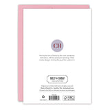 The back of this Floral Heart Valentine's Day Card by Biely & Shoaf, with a pale pink envelope, features a circular CH monogram, Chloe Hall's bio, and printing details on FSC-certified recycled paper.