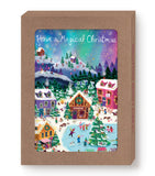 Aurora Magical Christmas Holiday Card Set by Biely & Shoaf: winter village, skaters, gold-foiled greeting above.