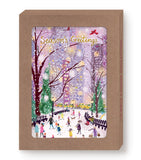 People ice skate in a snowy park—city skyline, trees, Seasons Greetings. Winter Park Boxed Set by Biely & Shoaf.