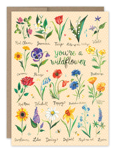 The Holding You Sympathy Card by Biely & Shoaf features vibrant wildflowers labeled with names such as Red Clover, Jasmine, and Tulip. The center text reads, Youre a wildflower. A light beige background with small polka dots enhances its charming design.