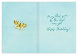 An open Biely & Shoaf A Year of Wishes Book Stack Birthday Card features a yellow butterfly on the left and the message “May this year be the best one yet. Happy Birthday!” in blue script on a light blue background.