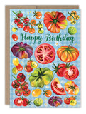 The Tomatoes Birthday Card by Biely & Shoaf features colorful watercolor tomatoes on a blue checkered background with Happy Birthday in green script. Printed in the USA.