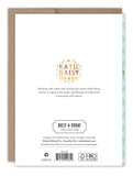 The back of the Gingham Happiest Birthday Card by Biely & Shoaf displays Katie Daisy’s floral name, a description of her art, Biely & Shoaf Collection logos, publishing details, and is printed on recycled paper.