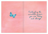 A blue butterfly rests on the left of a pink background, while teal script reads: Celebrating the incredible person you are, today, and always. The Prairie Flowers Birthday Card by Biely & Shoaf brings charm to any occasion.