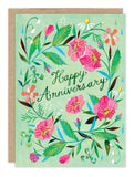 The Romantic Florals Anniversary Card by Biely & Shoaf features "Happy Anniversary" in elegant script, surrounded by pink flowers, green leaves, and tiny blossoms—printed on FSC-certified recycled paper.