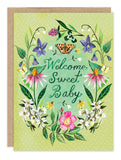 The Biely & Shoaf Garden Welcome Sweet Baby Card features "Welcome Sweet Baby" in green script, with colorful flowers, leaves, and a butterfly on a light green polka dot background accented with gold foil.