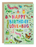 Love Bug Birthday Card by Biely & Shoaf with playful bugs on green, printed in the USA.