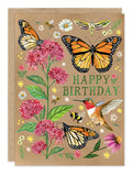 Monarch butterflies and bees surround Happy Birthday text on this Biely & Shoaf recycled paper birthday card.