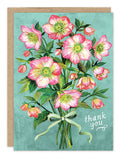 A bouquet of pink flowers and "Thank You" text on a Biely & Shoaf Hellebore Thank You Card.