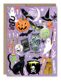 The Halloween Fun Halloween Card by Biely & Shoaf features a whimsical collage of a black cat, owl, ghosts, and more on a purple background. Eco-friendly elements appear crafted from recycled paper—perfect for charming Halloween greetings.