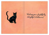 The Halloween Fun Halloween Card by Biely & Shoaf features an illustrated black cat on the left and cursive “Wishing you a frightfully, delightful Halloween!” on the right. Printed on recycled paper.