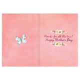 Open pink Very Best Mom Floral Mother’s Day Card by Biely & Shoaf features a butterfly and blue teardrops on the left; on the right, floral accents and the cursive message: “Thanks for all the love! Happy Mother’s Day”—printed in the USA.
