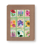 The Biely & Shoaf Seed Packets Notecard Set comes in a brown FSC paper box with a window showcasing colorful, vintage-style floral designs of poppy, lupine, zinnia, pansy, sunflower, foxglove, datura, and sweet pea—ideal for notecards or boxed notes.