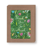 The Meadow Thank You Notecard Set by Biely & Shoaf features a brown box and cards with "Thank You So Much" on a green background, adorned with flowers, butterflies, bees, and birds. These beautiful notes are crafted from FSC paper.