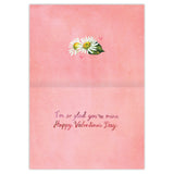 The Love Birds Valentine's Day Card by Biely & Shoaf features two white daisies with green leaves above the message "I'm so glad you're mine." "Happy Valentine's Day" appears below in red and purple script with pink hearts. Printed in the USA.
