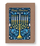 Menorah Happy Hanukkah Card Set by Biely & Shoaf—gold menorah, lit candles, floral blue background for Festival of Lights.