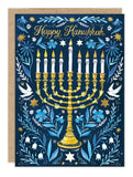 Menorah Happy Hanukkah Card by Biely & Shoaf—nine candles, blue florals, doves, and stars for the Festival of Lights.