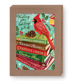 A cardinal on book-themed cards by Biely & Shoaf, perfect for warm holiday wishes. Holiday Wishes Book Stack Set.
