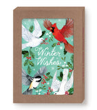 Four birds and holly frame "Winter Wishes" on Biely & Shoaf’s Winter Birds Holiday Card Set in a brown box.