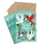 Winter Birds Holiday Card Set by Biely & Shoaf features birds and holly on teal with brown recycled envelopes.