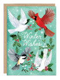 Four birds and holly frame “Winter Wishes” on Biely & Shoaf’s Winter Birds Holiday Card with a snowy blue background.