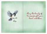 A bird with mistletoe soars by red script—Winter Birds Holiday Card by Biely & Shoaf.
