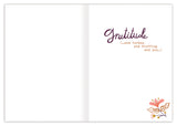 An open Biely & Shoaf Full Of Thanks Thanksgiving Card features "Gratitude" in large script, smaller text: (...and turkey, and stuffing, and pie...), and a small floral illustration in the bottom right corner.
