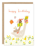 The Duck Delivery Birthday Card by Biely & Shoaf features a cheerful duck with stacked birthday presents, a bird on top, "Happy Birthday" in red, and flowers below. Designed by Karen Schipper and printed in the USA.