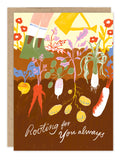 The Rooting For You Encouragement Card by Biely & Shoaf features a person watering colorful root vegetables with flowers blooming above, plus the message "Rooting for you always." Printed in the USA.