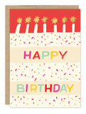 The Funfetti Cake Birthday Card by Biely & Shoaf features lit candles on a sprinkle-covered cake with bright "HAPPY BIRTHDAY" letters, all printed on FSC-certified recycled paper for an eco-friendly touch.