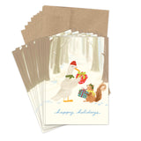 A duck and squirrel exchange gifts in snow. Woodland Gift Exchange Holiday Cards by Biely & Shoaf. Blank backgrounds.