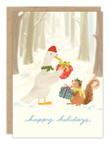 Woodland Gift Exchange cards by Biely & Shoaf: cute animals share gifts in snowy woods. “Happy holidays!”.