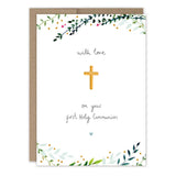 Biely & Shoaf First Holy Communion card with gold cross, floral border, printed in the USA.