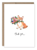 The Biely & Shoaf Corgi Dog Thank You Card features a watercolor corgi with a bouquet and thank you in cursive. Blank inside for your personal note.